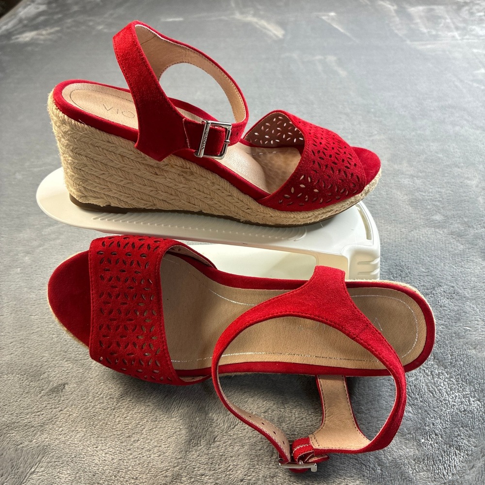 Vionic Ariel Red Suede Laser Cut Espadrille Wedge Sandals Womens 8M VS387 - Picture 13 of 16